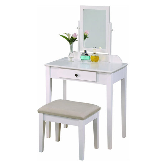 Benzara BM221620 Beige and White Wood and Fabric Vanity Set With Tilting Vertical Mirror