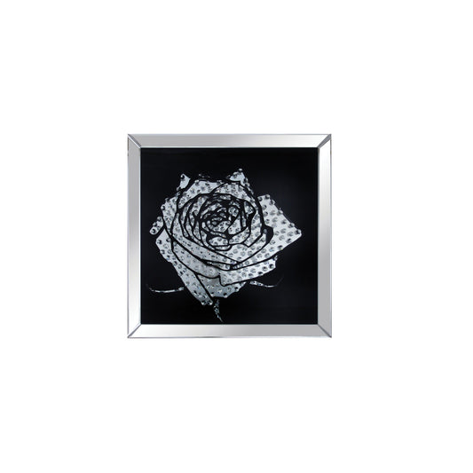 Benzara Black & Silver Square Shape Mirror framed Rose Wall Decor With Crystal Inlays