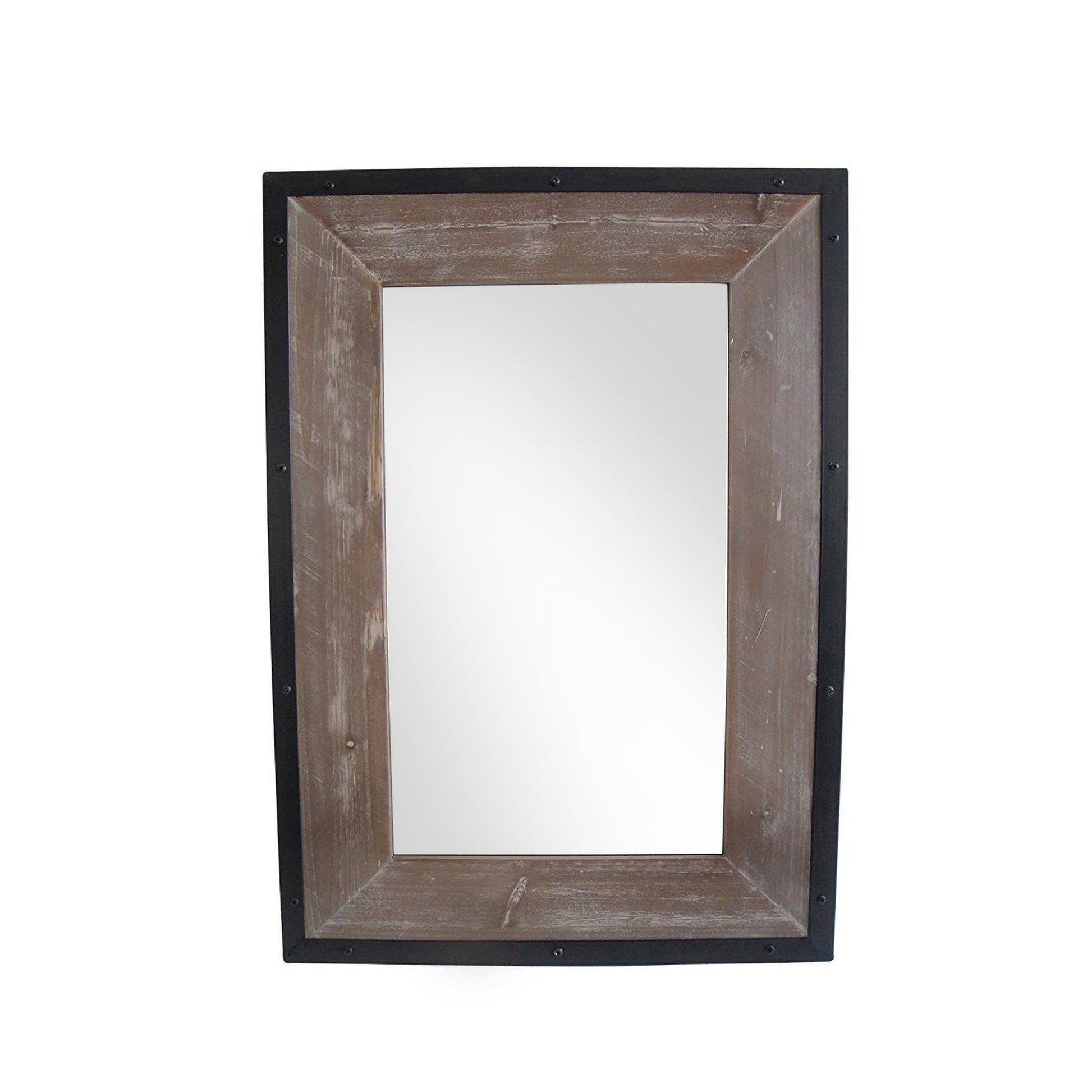 Benzara Black and Brown Rectangular Transitional Mirror With Wooden Framing and Metal Outline