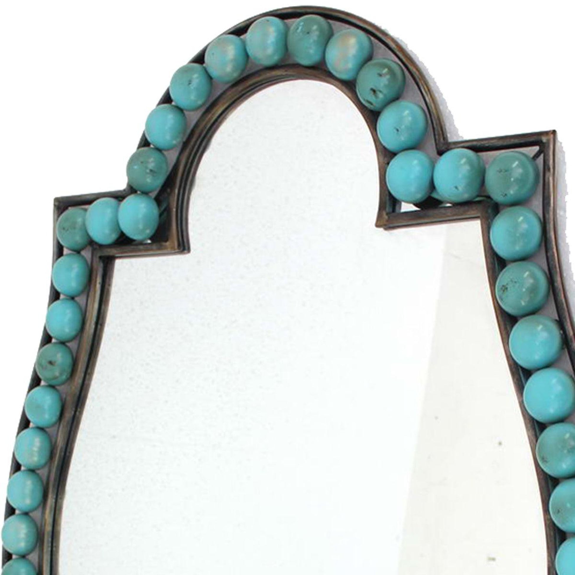 Benzara Blue and Brown Quatrefoil Shape Metal Wall Mirror With Pearl Accents