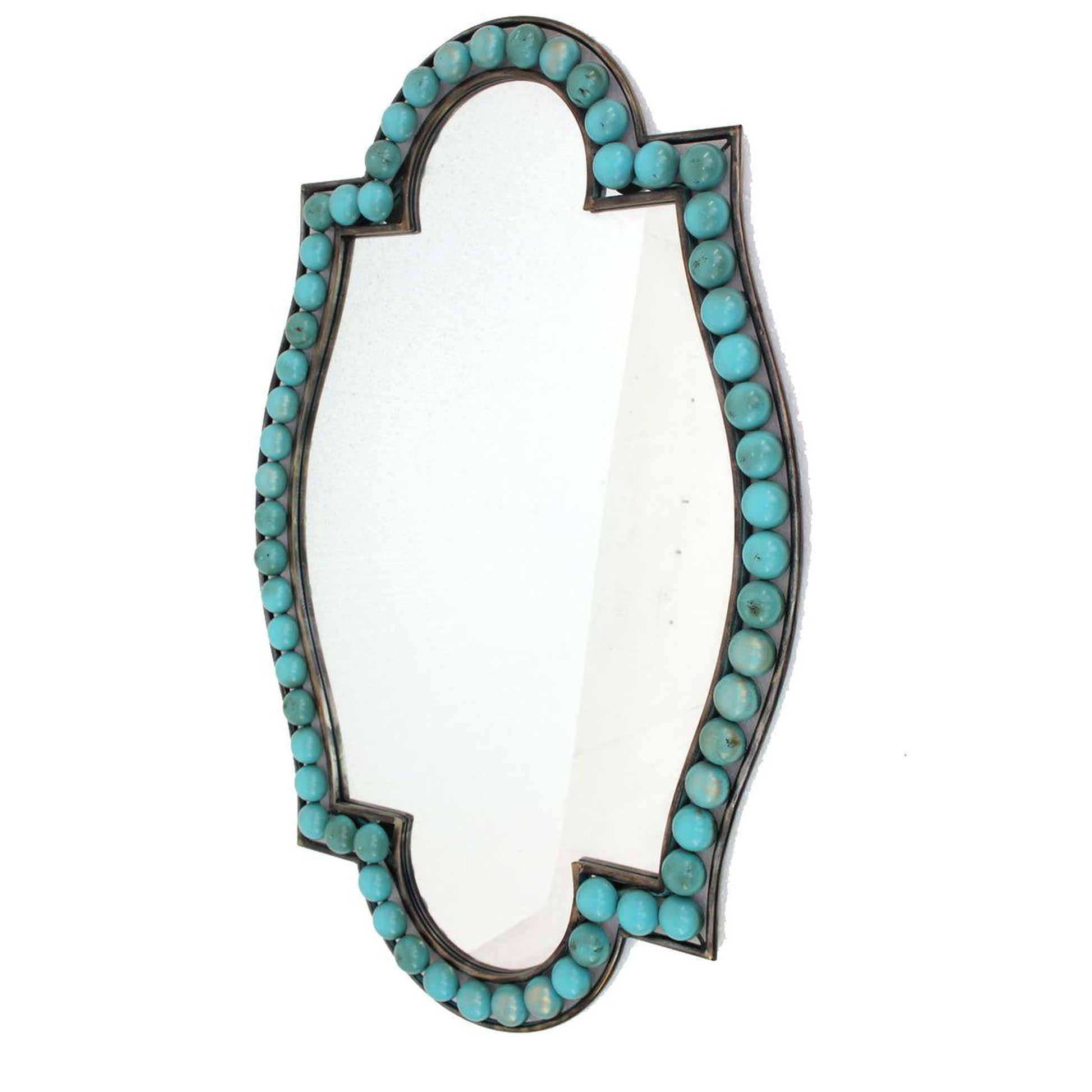 Benzara Blue and Brown Quatrefoil Shape Metal Wall Mirror With Pearl Accents