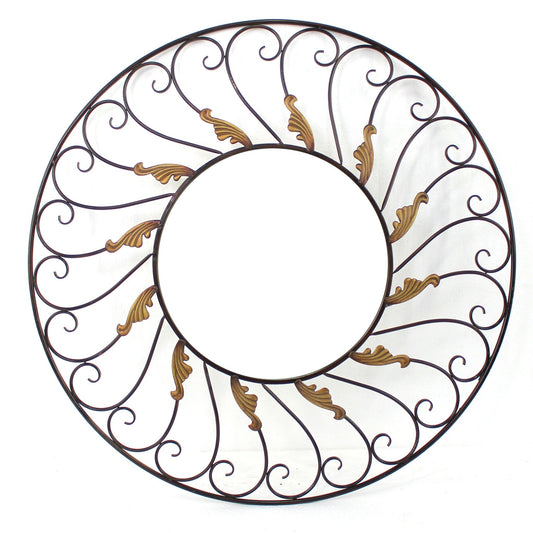 Benzara Bronze and Gold Round Metal Wall Mirror With Scroll Details