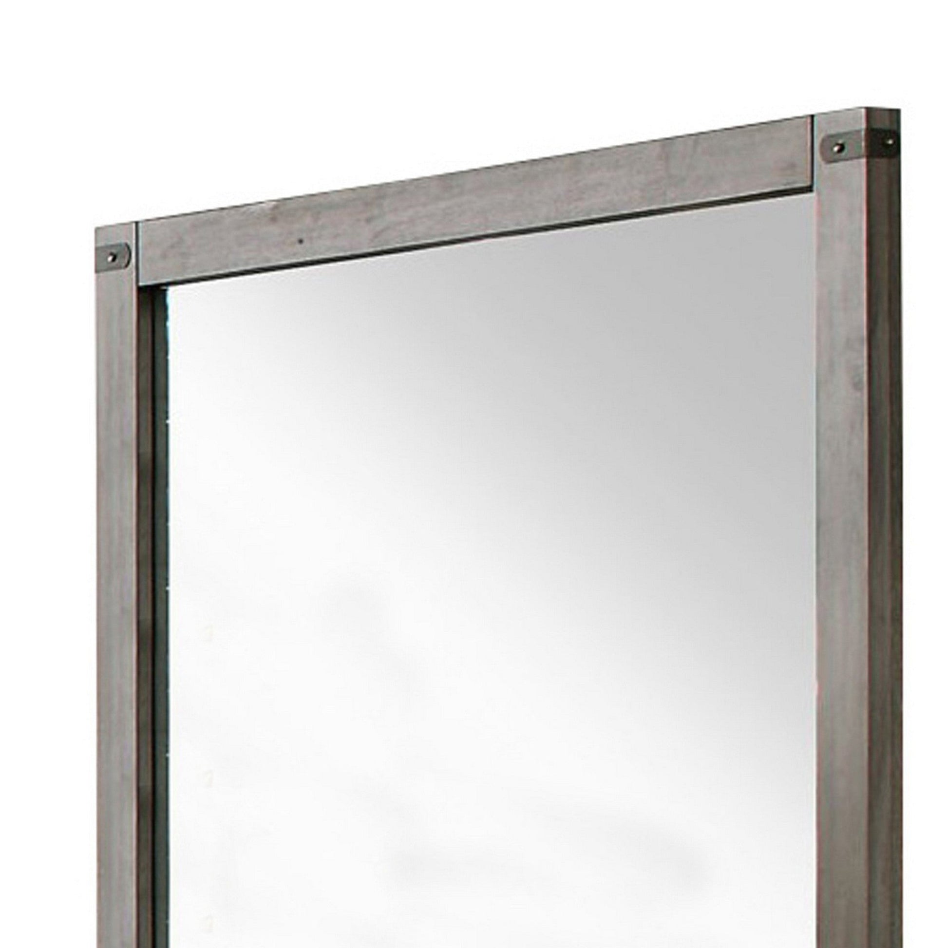 Benzara Brown Industrial Style Wooden Frame Mirror With Metal Brackets and Rivets