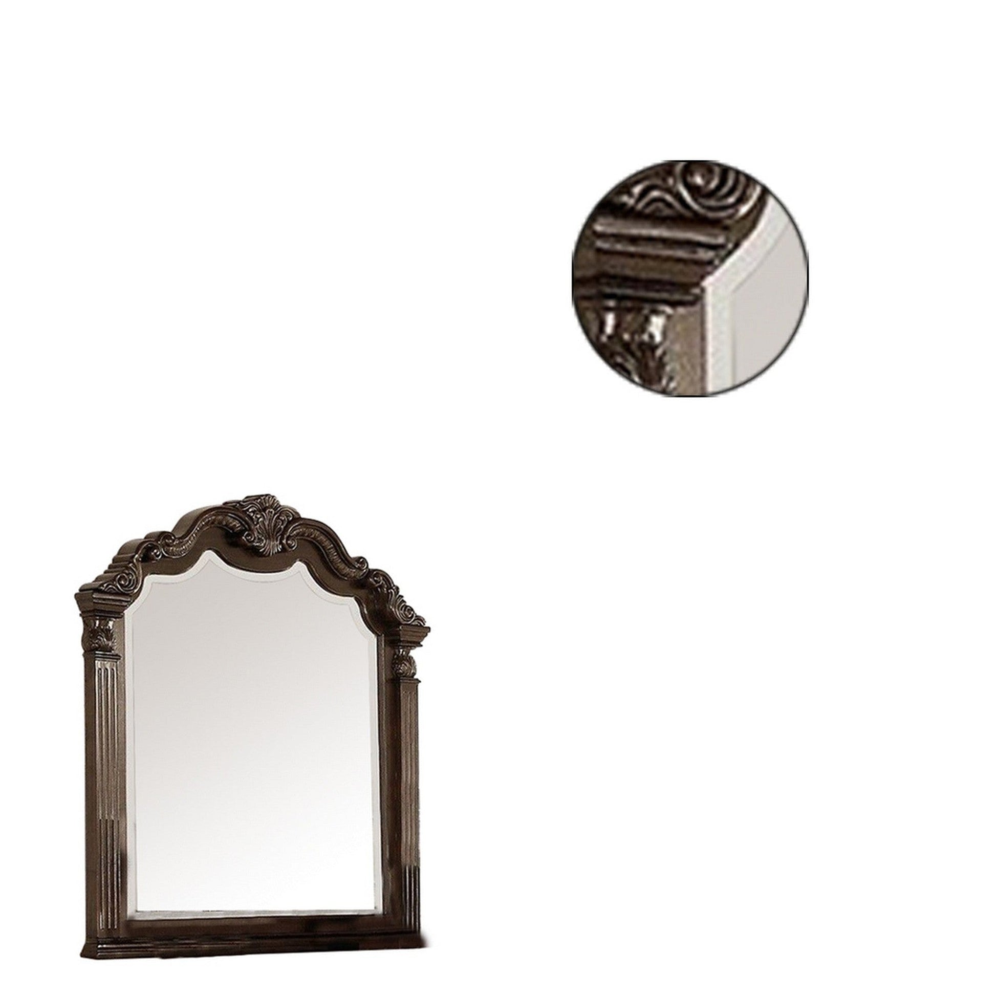 Benzara Brown Modern Mirror With Crown Top Frame and Molded Details