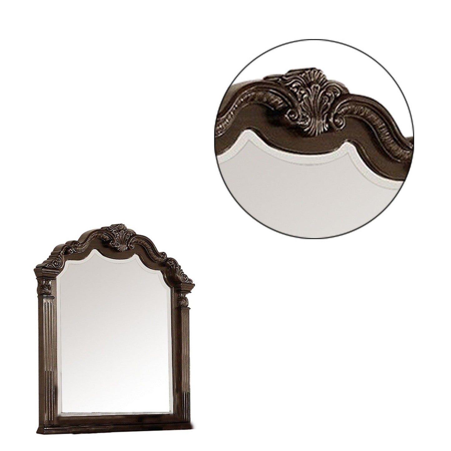 Benzara Brown Modern Mirror With Crown Top Frame and Molded Details