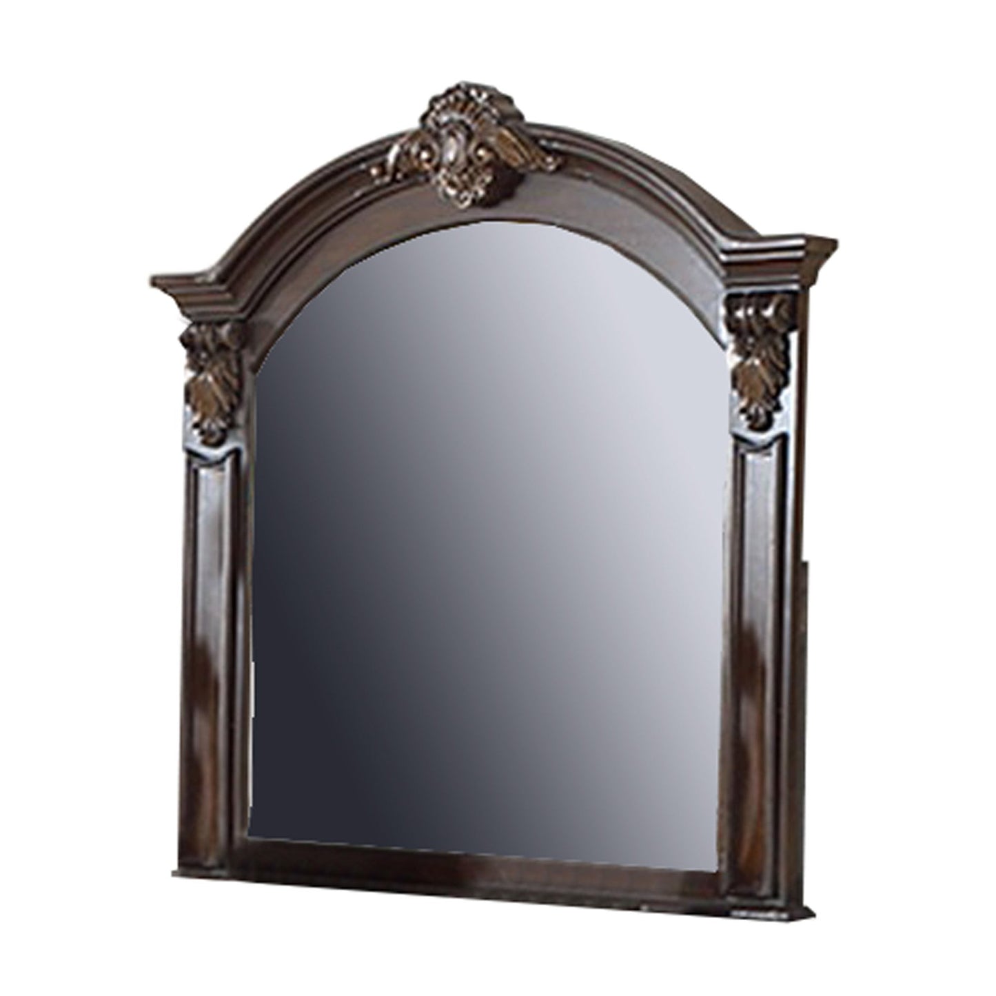 Benzara Brown Scalloped Crown Top Wooden Frame Wall Mirror With Molded Details