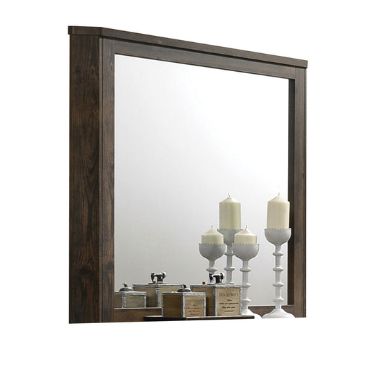 Benzara Brown Transitional Style Wooden Decorative Mirror With Grooved Panels