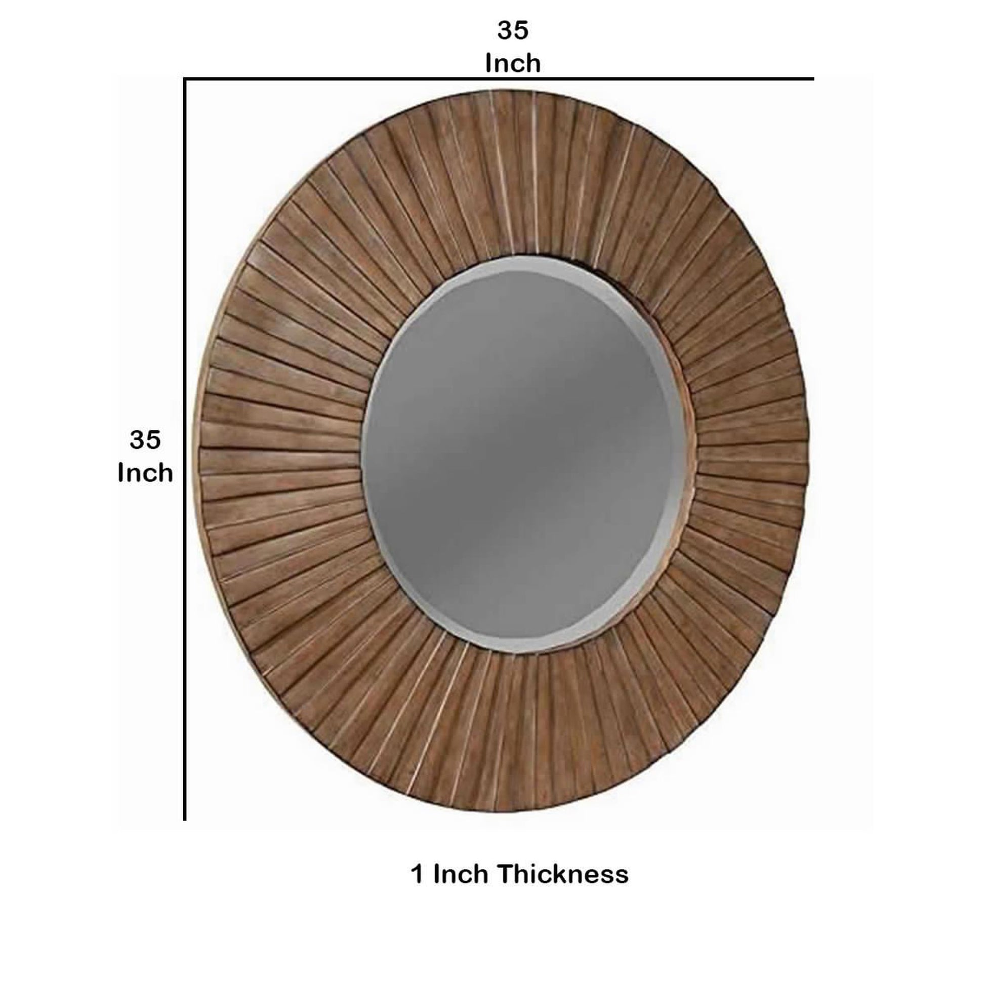 Benzara Brown Transitional Sunburst Round Wooden Framed Mirror