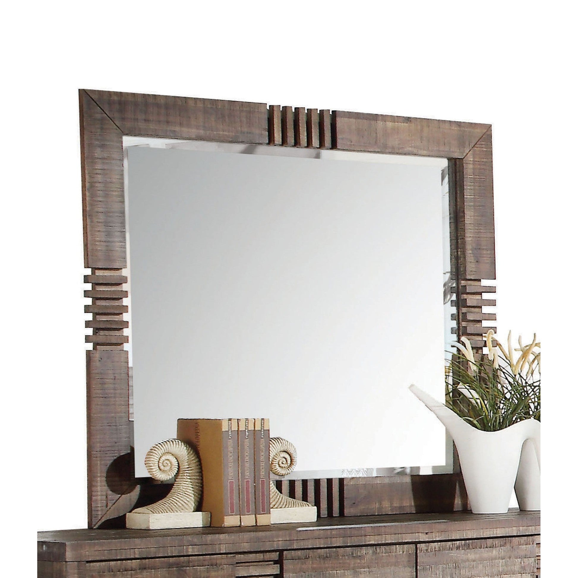 Benzara Brown and Silver Rectangular Wooden Frame Mirror With Slat Pattern