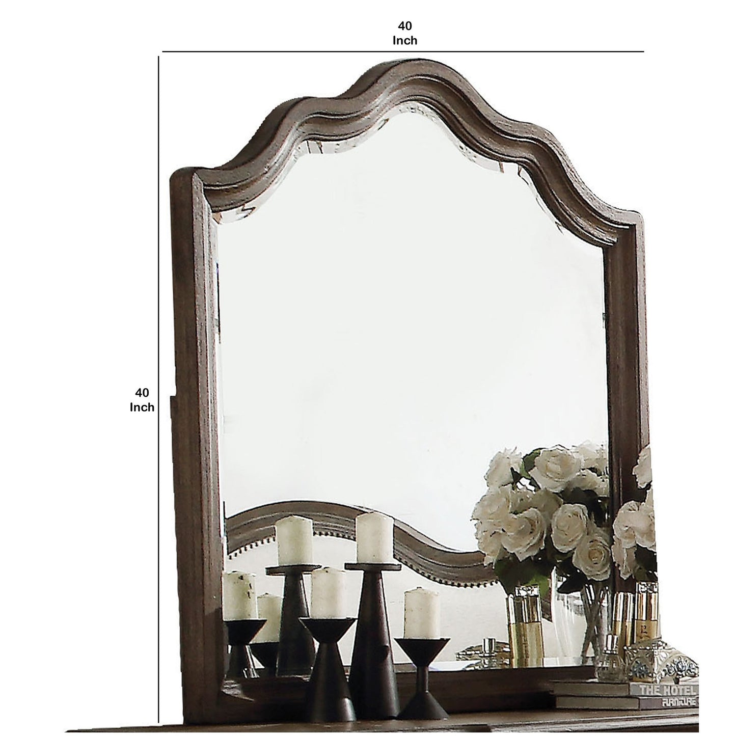 Benzara Brown and Silver Rectangular Wooden Mirror With Scalloped Top