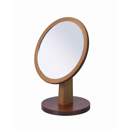 Benzara Brown and Silver Round Wooden Framed Makeup Mirror With Pedestal Base