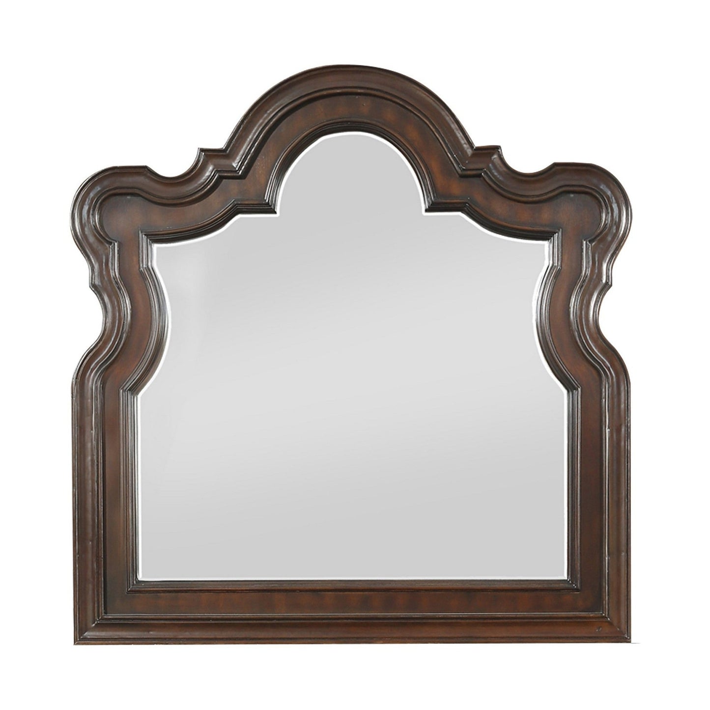 Benzara Brown and Silver Scalloped Design Wooden Frame Mirror With Molded Details