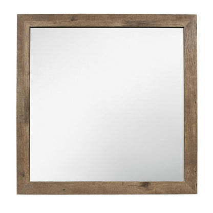 Benzara Brown and Silver Square Wooden Frame Mirror With Rough Hewn Saw Texture