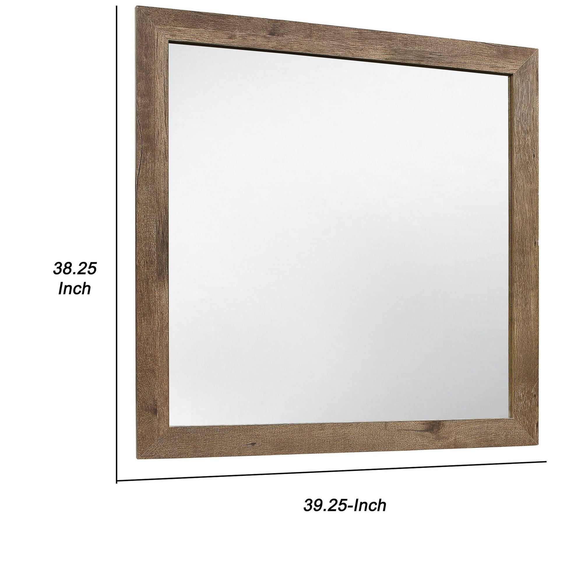 Benzara Brown and Silver Square Wooden Frame Mirror With Rough Hewn Saw Texture