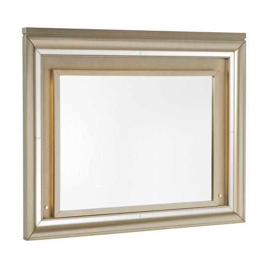 Benzara Champagne Gold and Silver Wooden Frame Mirror With LED Light