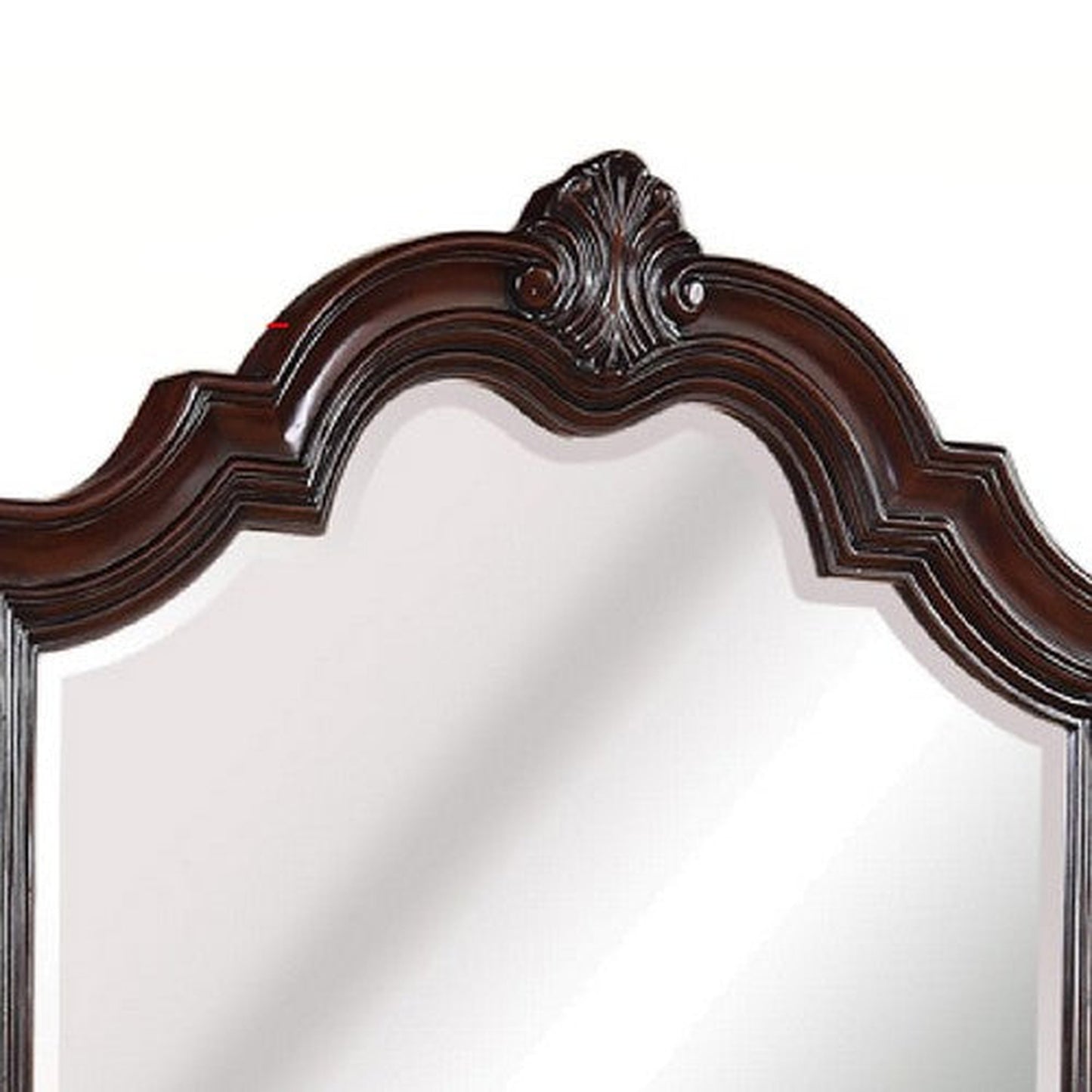 Benzara Cherry Brown Scalloped Design Wooden Frame Mirror With Crown Top