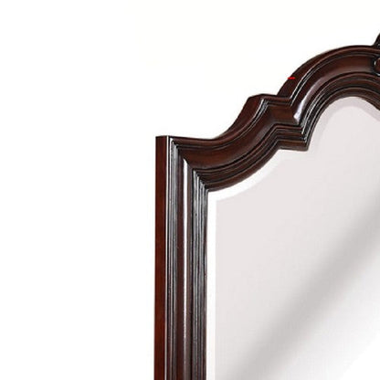 Benzara Cherry Brown Scalloped Design Wooden Frame Mirror With Crown Top