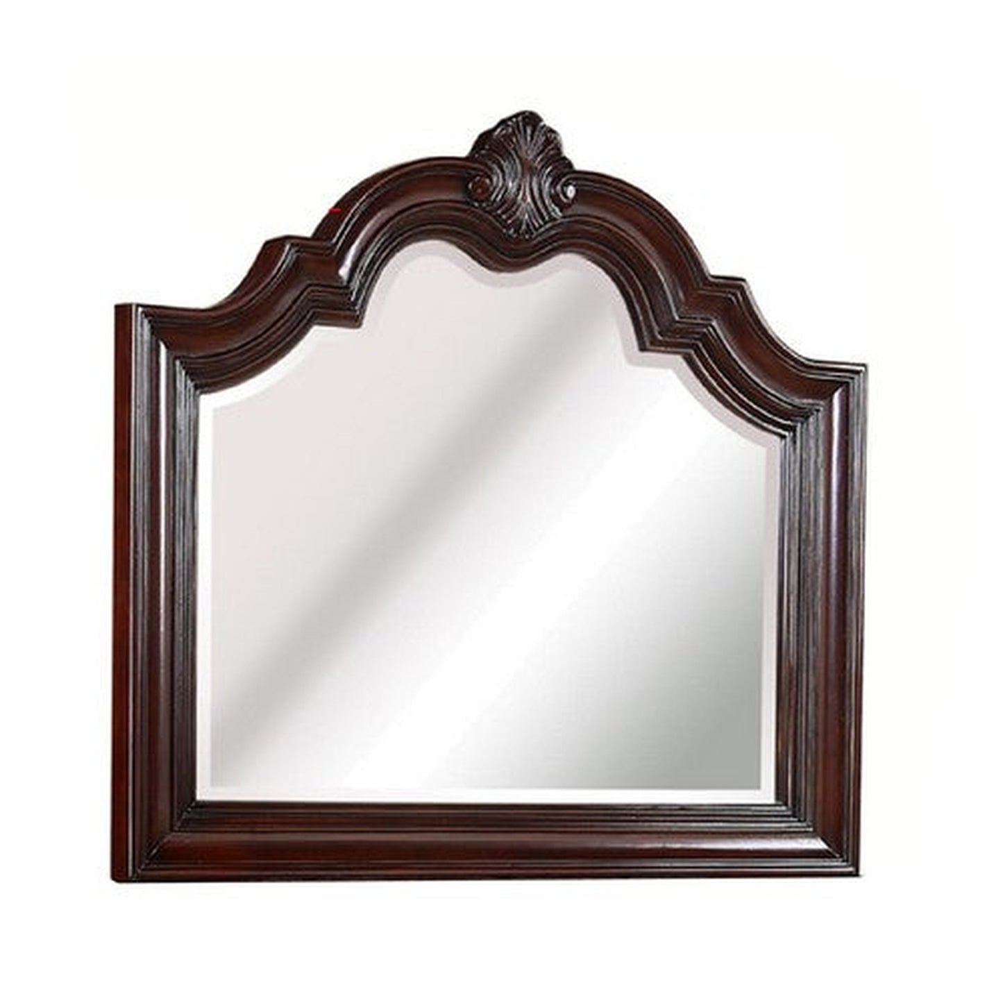 Benzara Cherry Brown Scalloped Design Wooden Frame Mirror With Crown Top