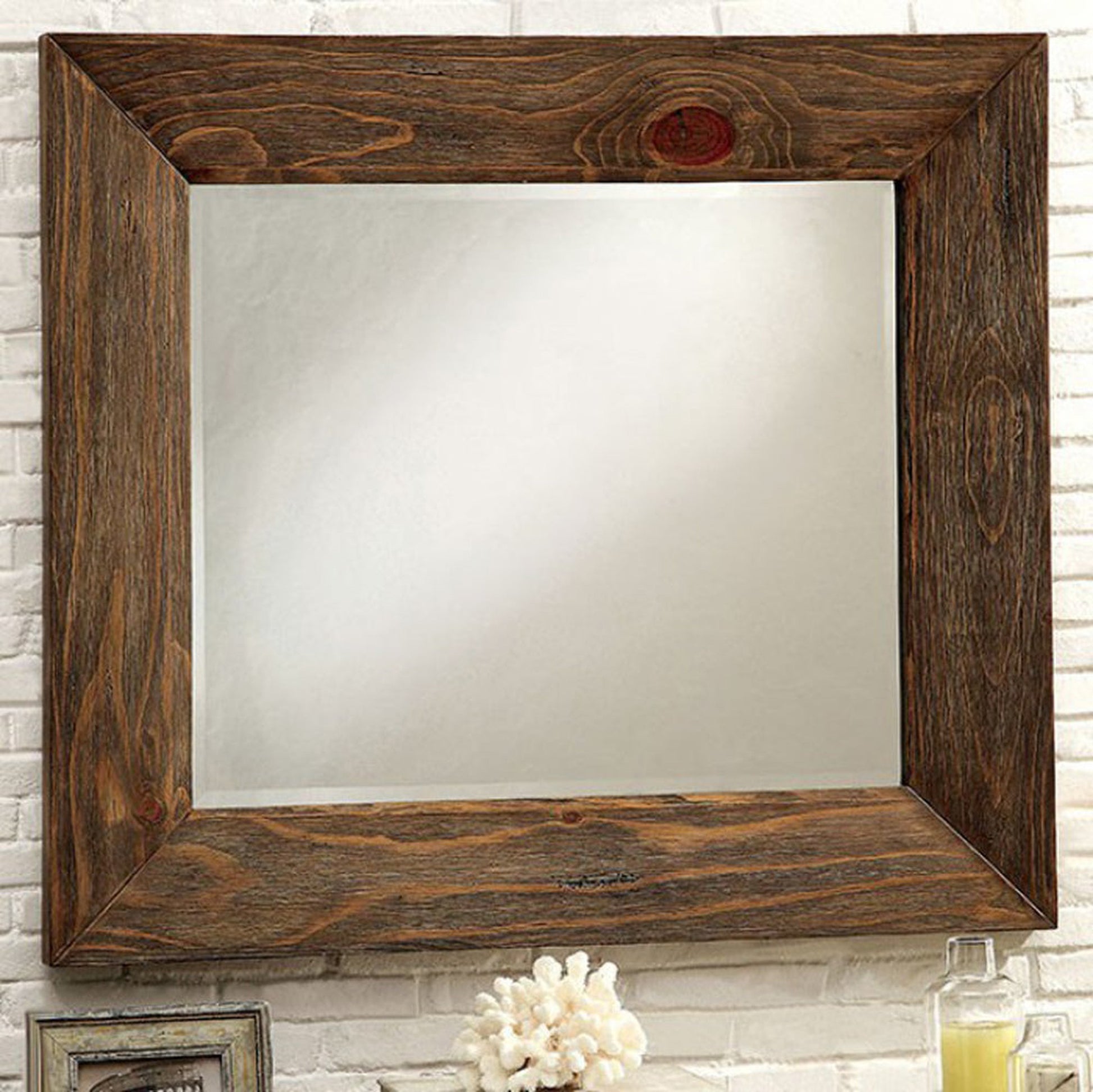 Benzara Coimbra Rustic Natural Tone Finish Transitional Style Wooden Framed Wall Mirror