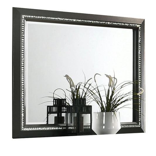 Benzara Dark Gray and Silver Rectangular Frame Mirror With Faux Crystal Inlay