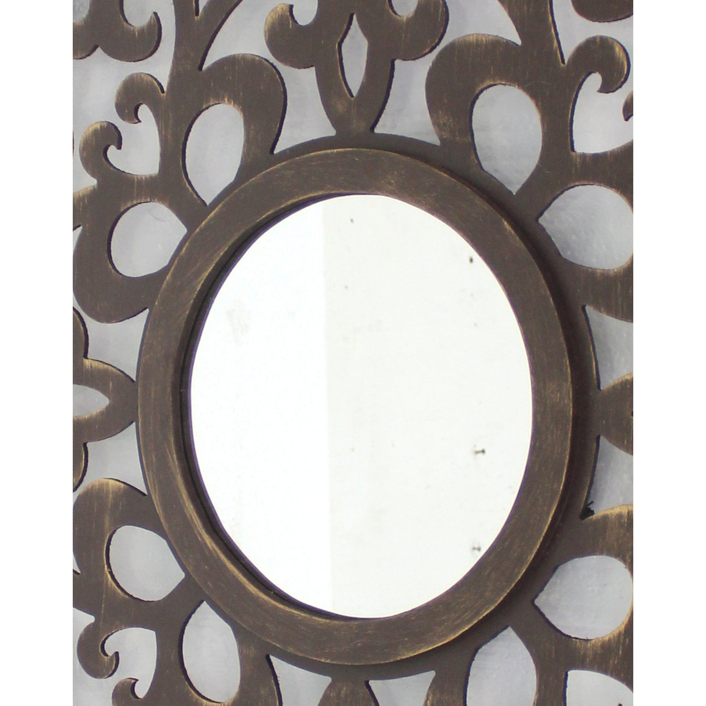 Benzara Espresso Wooden Frame Square Wall Mirror With Floral Cut Out Design