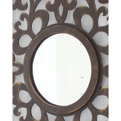 Benzara Espresso Wooden Frame Square Wall Mirror With Floral Cut Out Design