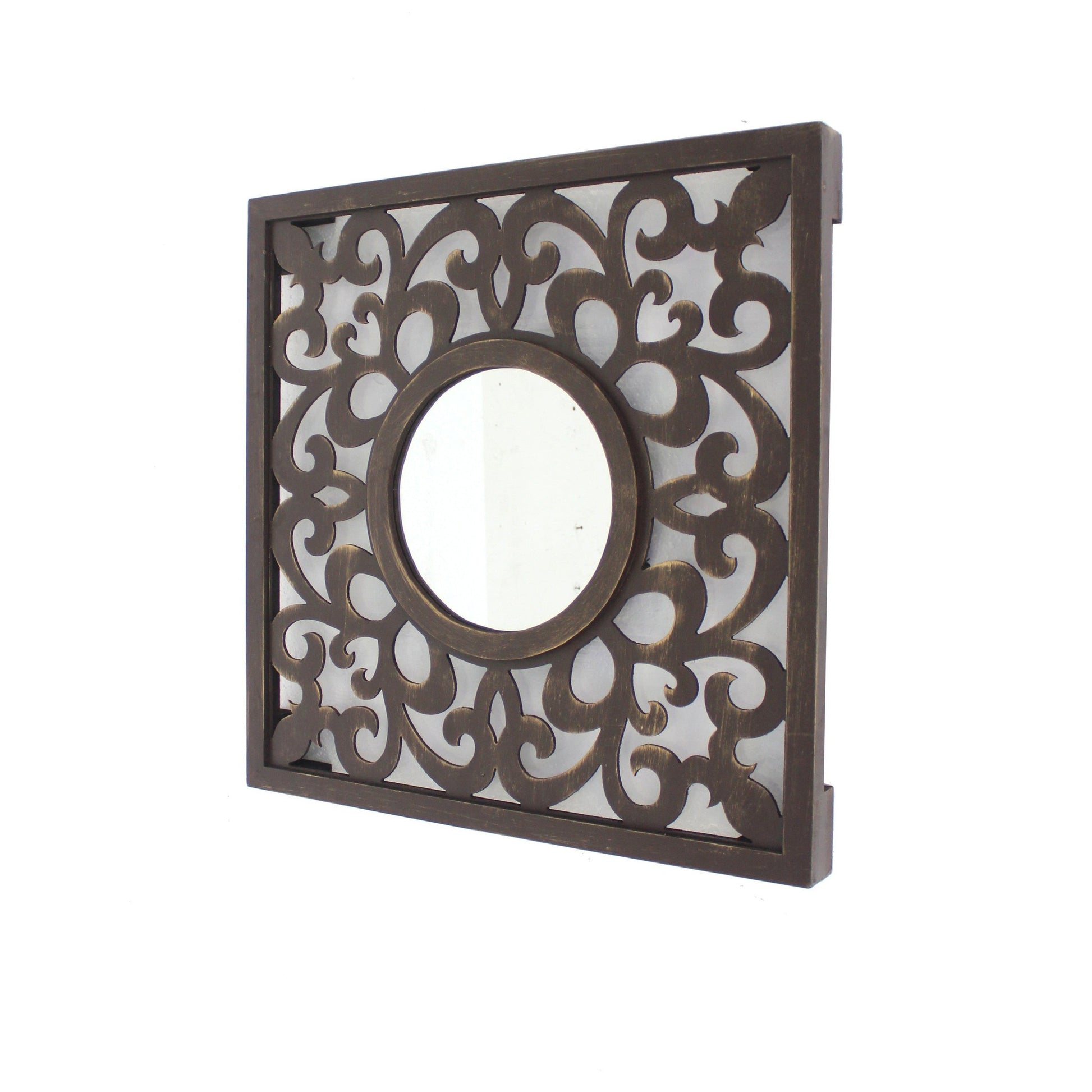 Benzara Espresso Wooden Frame Square Wall Mirror With Floral Cut Out Design