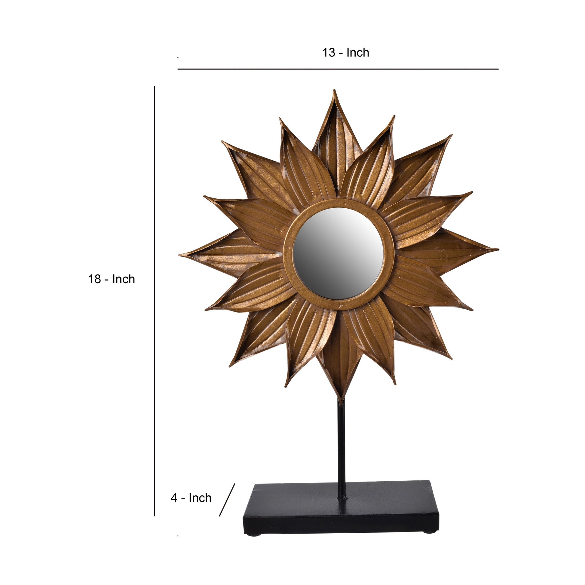 Benzara Gold and Black Metal Starburst Table Mirror With Rectangle Wooden Base