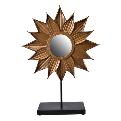 Benzara Gold and Black Metal Starburst Table Mirror With Rectangle Wooden Base