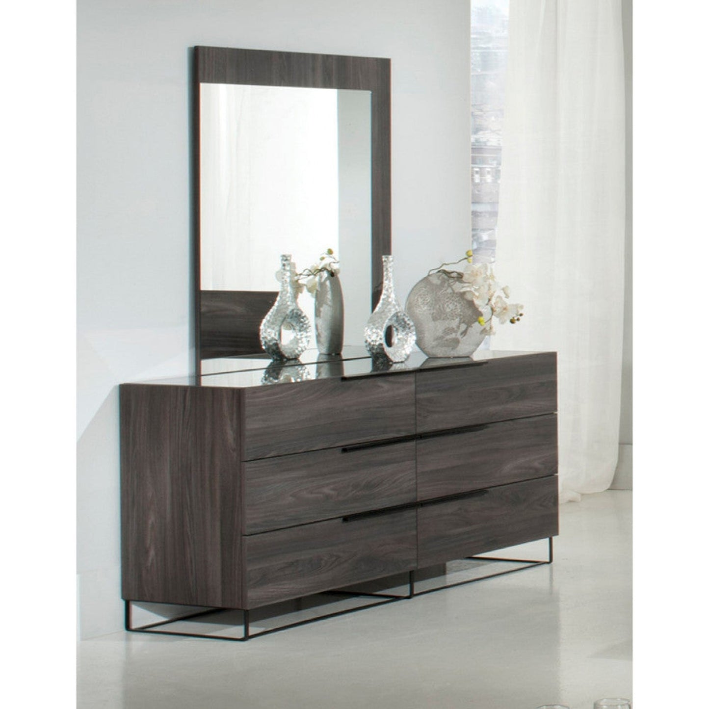 Benzara Gray Rectangular Mirror with Opposite L Shaped Wooden Frame