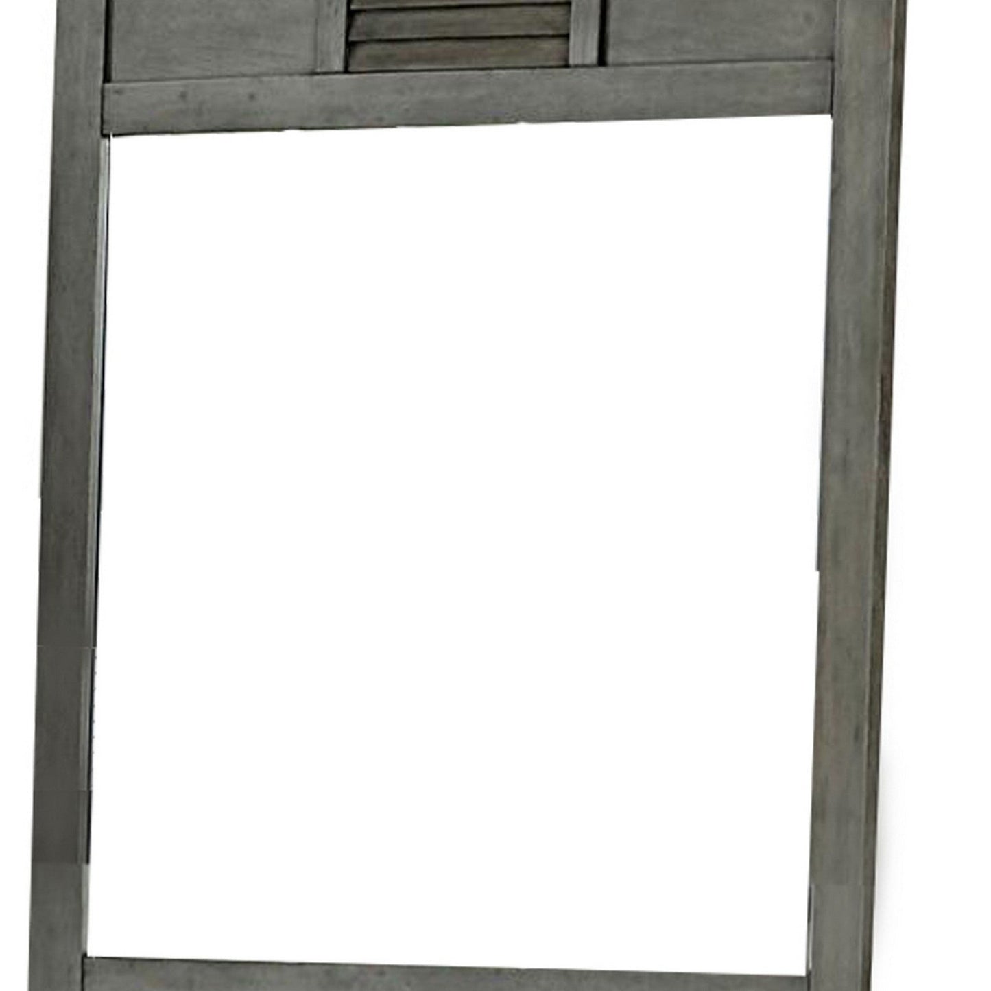Benzara Gray Wooden Framed Mirror With Shutter Design and Projected Top
