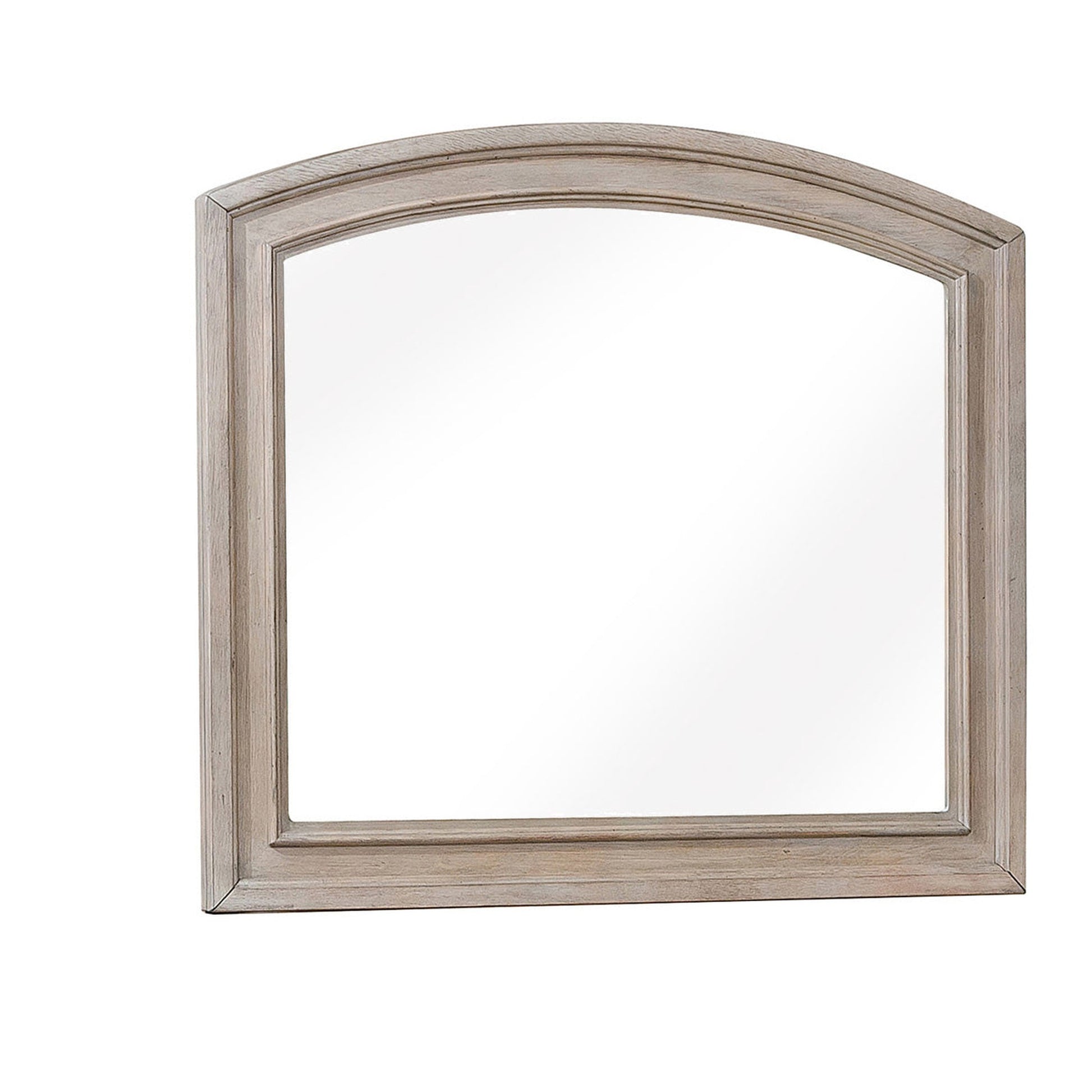 Benzara Gray Wooden Mirror With Natural Grain Texture Finish and Curved Top