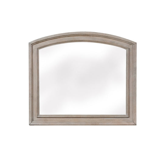 Benzara Gray Wooden Mirror With Natural Grain Texture Finish and Curved Top