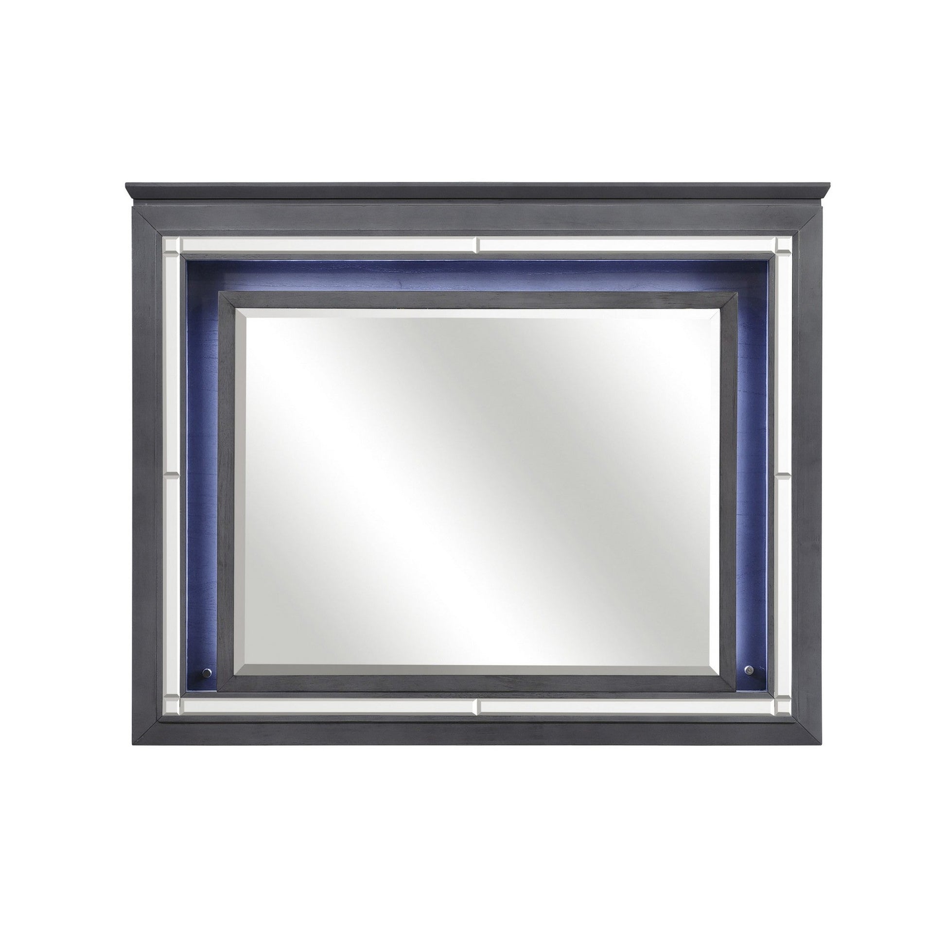 Benzara Gray and Silver Contemporary Style Beveled Edge Mirror With LED Light