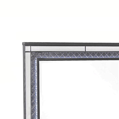 Benzara Gray and Silver LED Trim Wooden Frame Mirror With Diamond Pattern