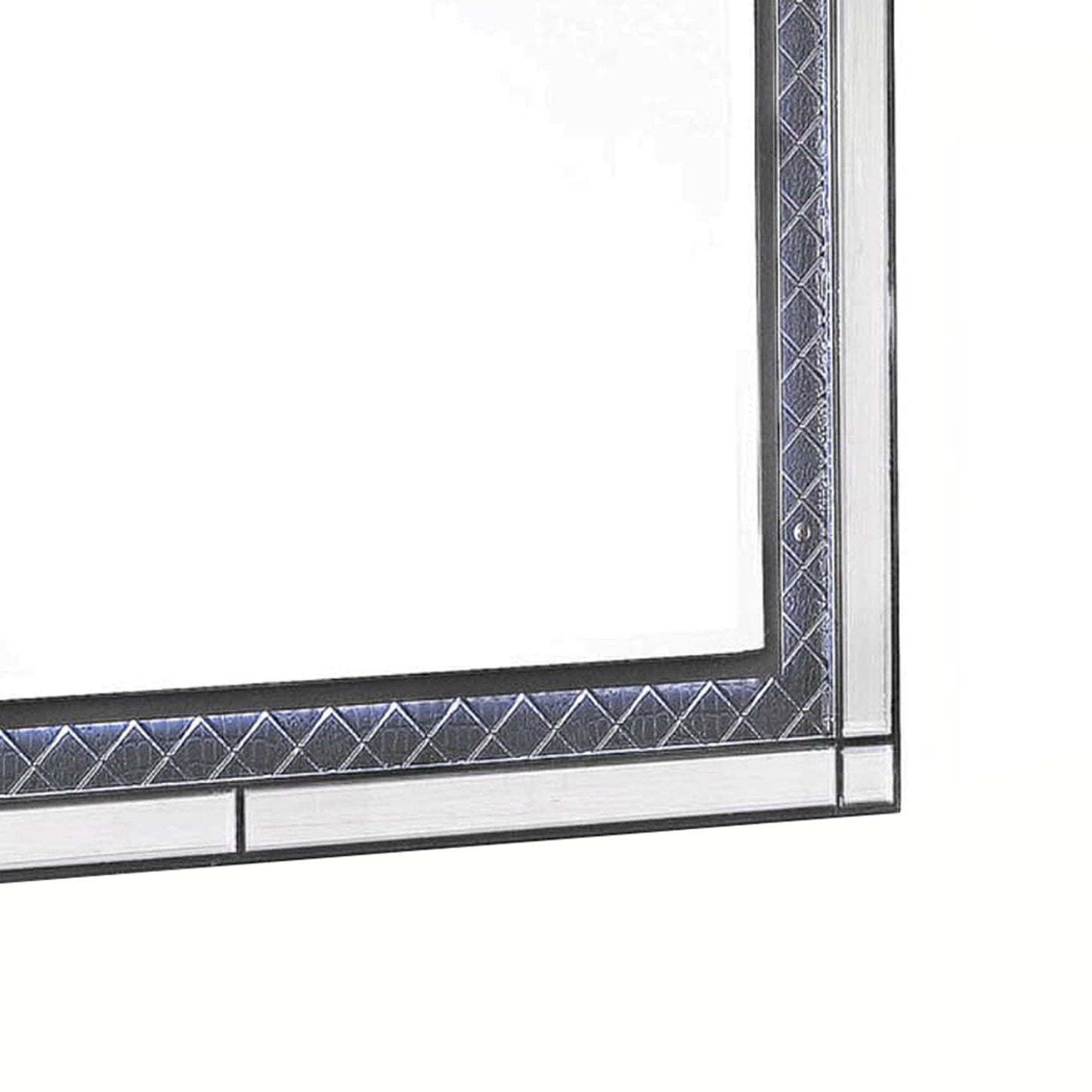 Benzara Gray and Silver LED Trim Wooden Frame Mirror With Diamond Pattern