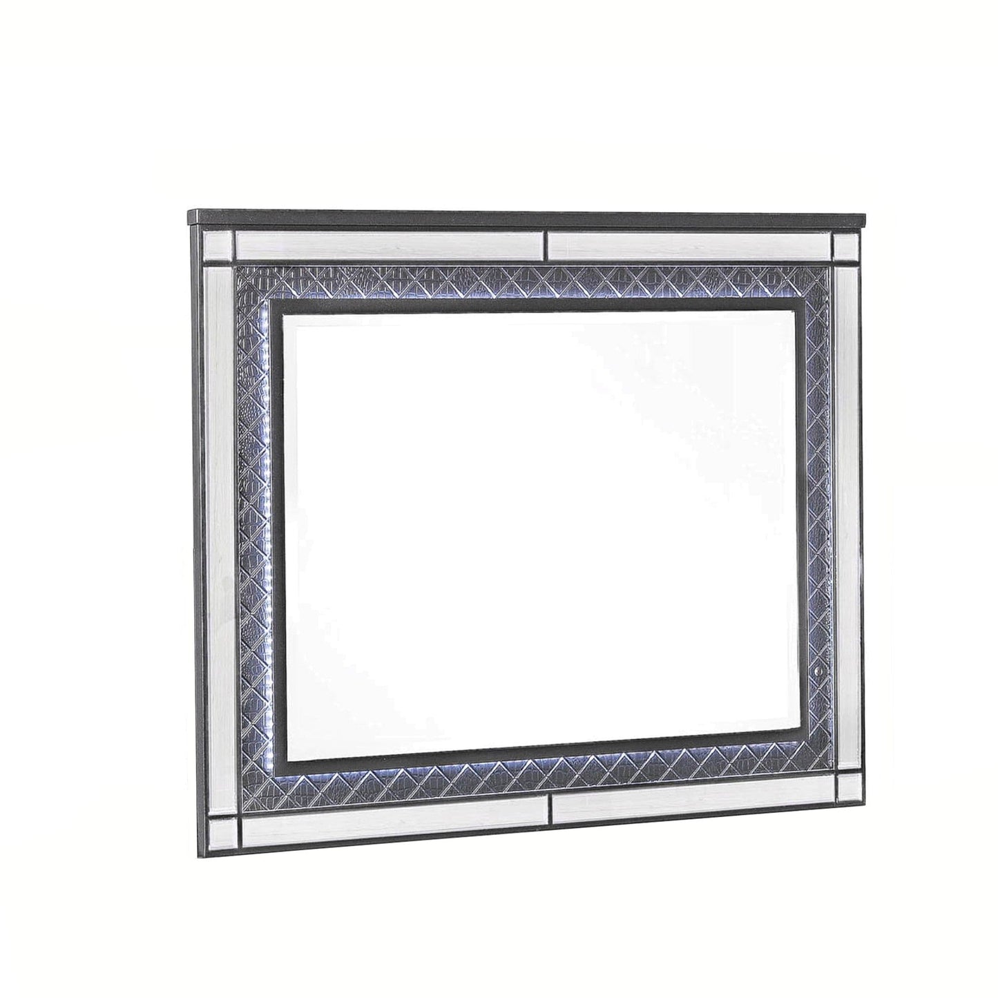 Benzara Gray and Silver LED Trim Wooden Frame Mirror With Diamond Pattern