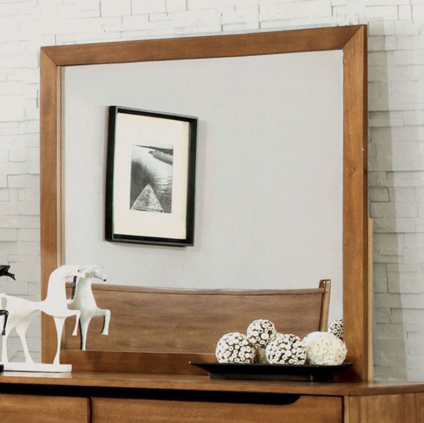 Benzara Lennart 36" Oak Finish Mid-Cent Modern Wooden Framed Wall Mirror