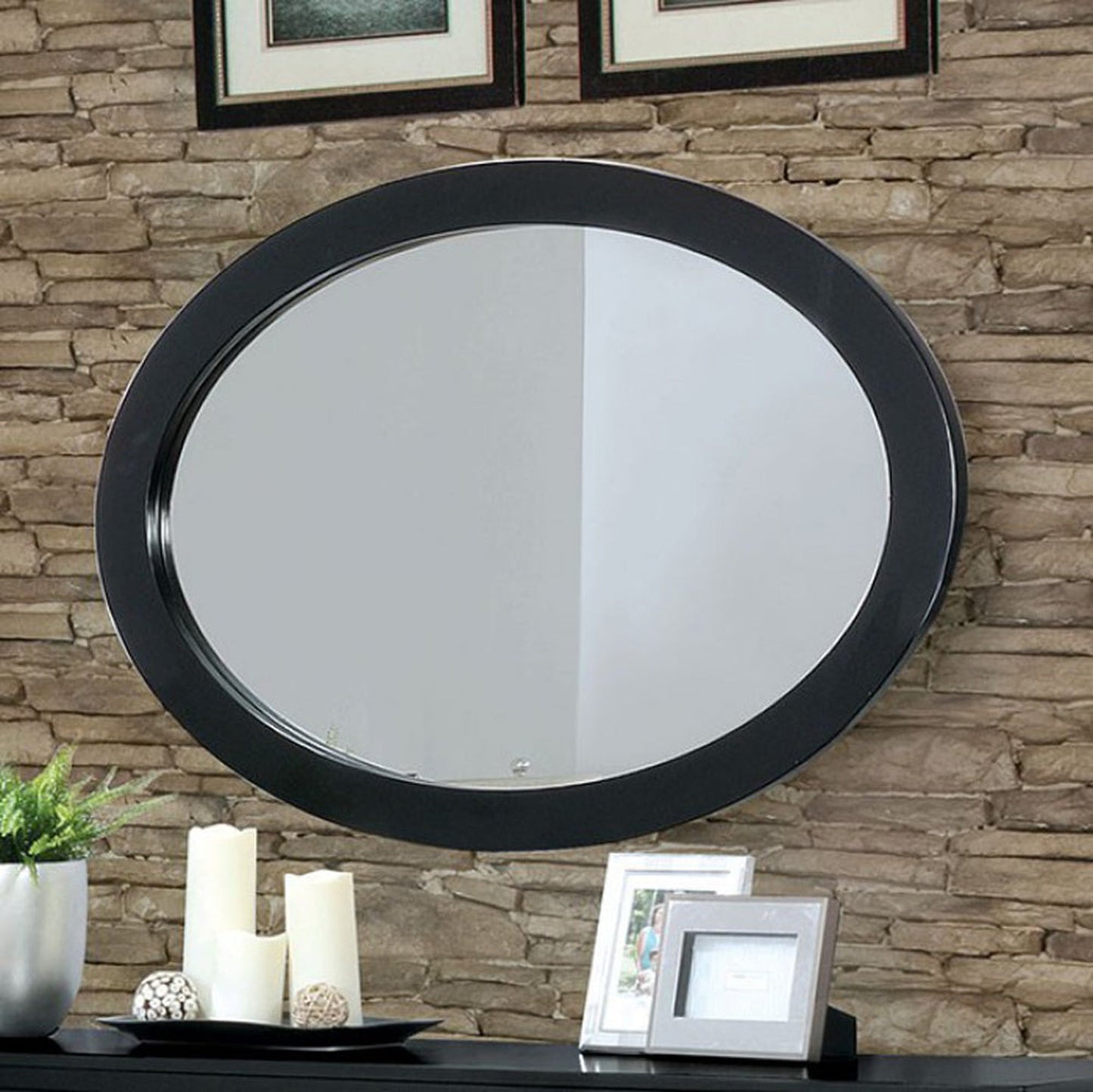 Benzara Lennart II Black Oval Wooden Framed Wall Mirror