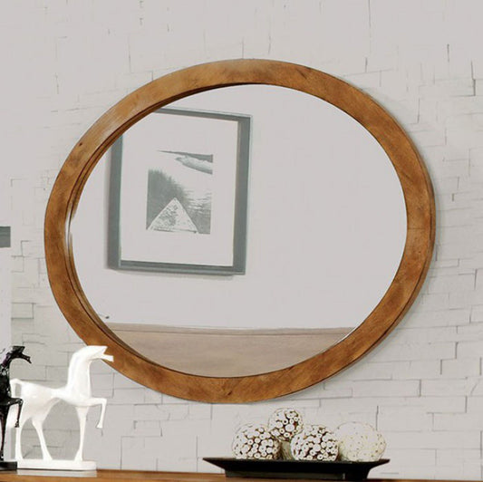 Benzara Lennart Oak Finish Oval Wooden Framed Wall Mirror