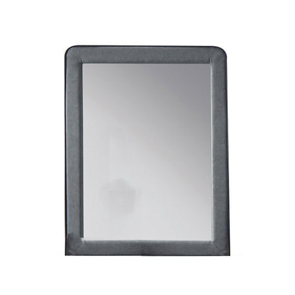Benzara Light Gray Fabric Upholstered Wooden Frame Mirror With Welt Trim