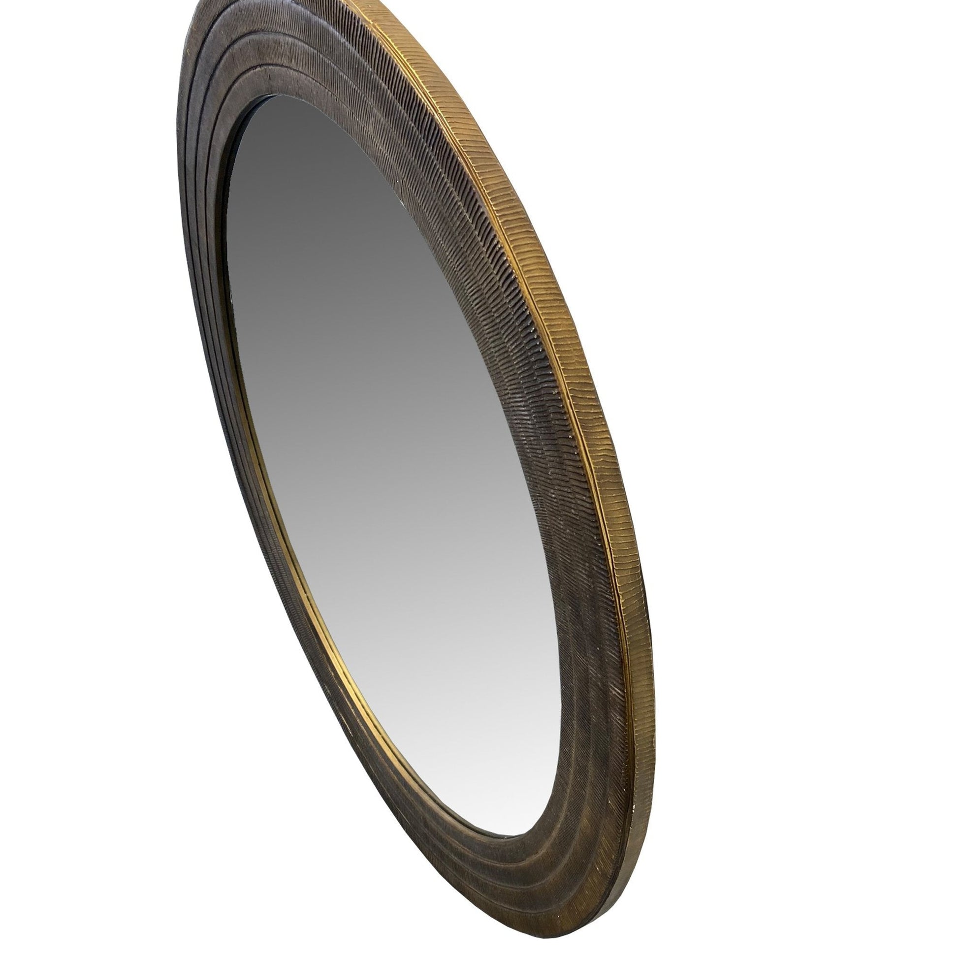 Benzara Round Brown Layered Wooden Frame Wall Mirror With Hand Carved Texture