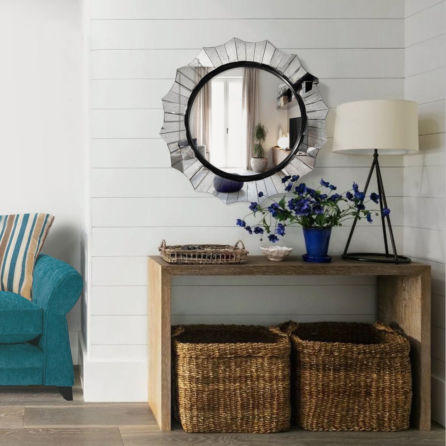 Benzara Round Silver Accent Wall Mirror With Scalloped Design and Beveled Edges