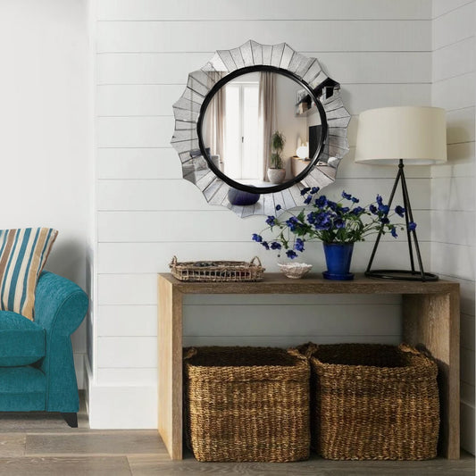 Benzara Round Silver Accent Wall Mirror With Scalloped Design and Beveled Edges
