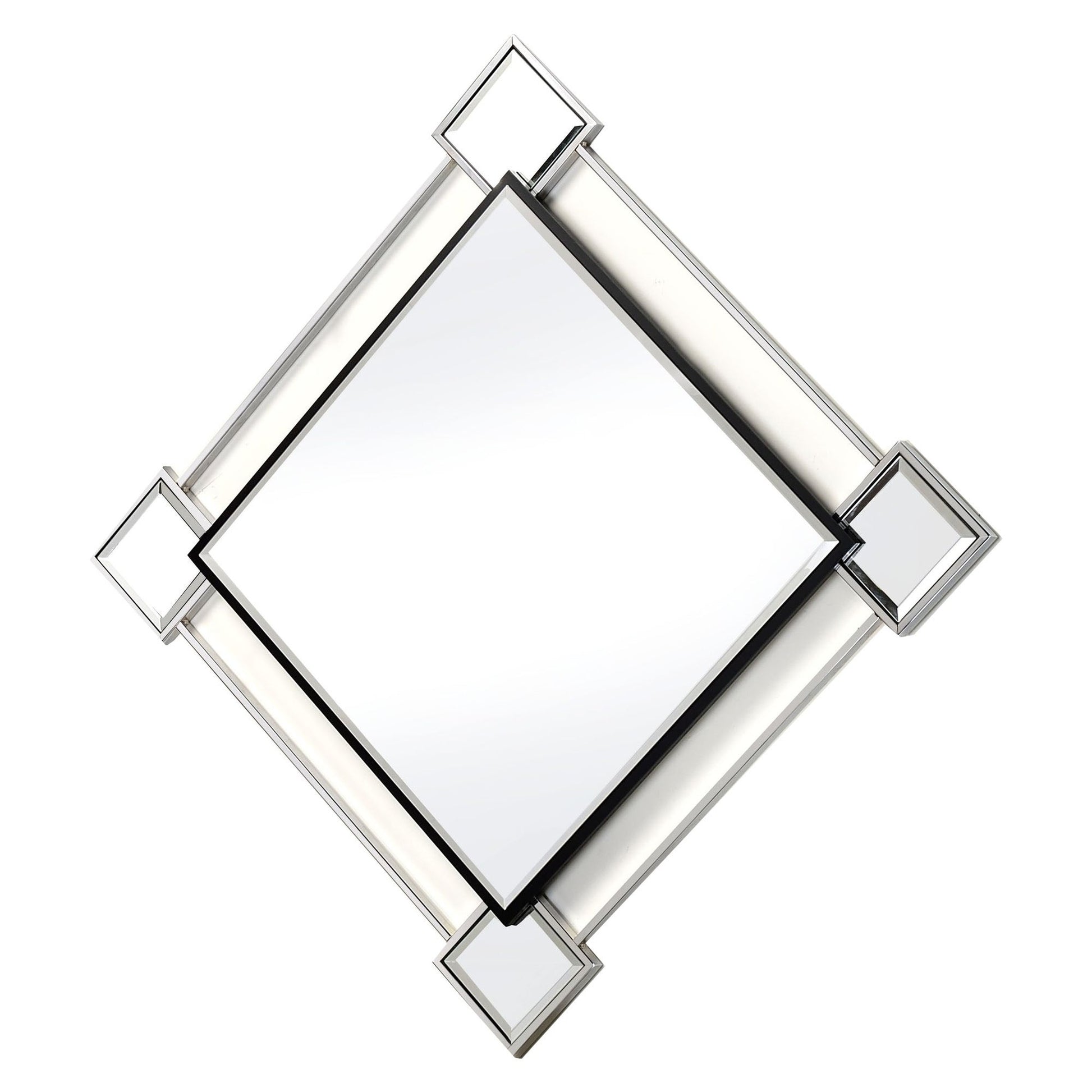 Benzara Silver Diamond Shaped Beveled Accent Wall Mirror With Mirror Inserts
