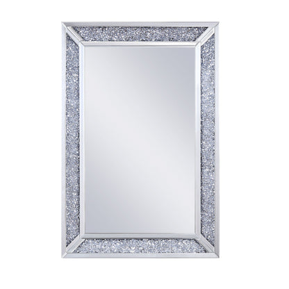 Benzara Silver Rectangular Faux Crystal Inlay Wall Mirror With Mirrored Borders