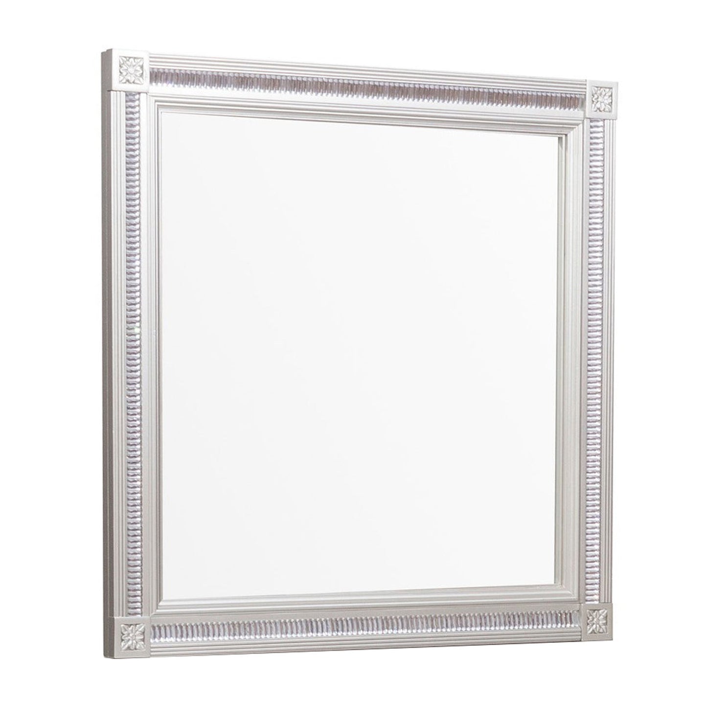 Benzara Silver Wooden Square Mirror With Carvings and Bevelled Edges