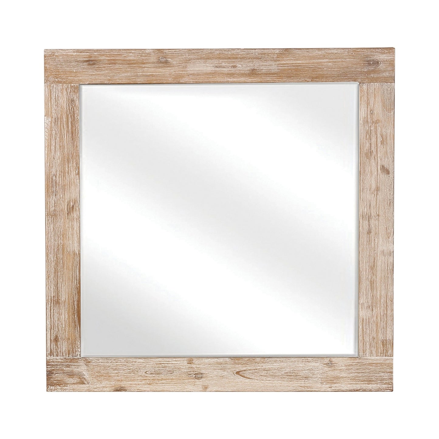 Benzara Square Light Brown Wooden Framed Wall Mirror With Hewn Saw Details