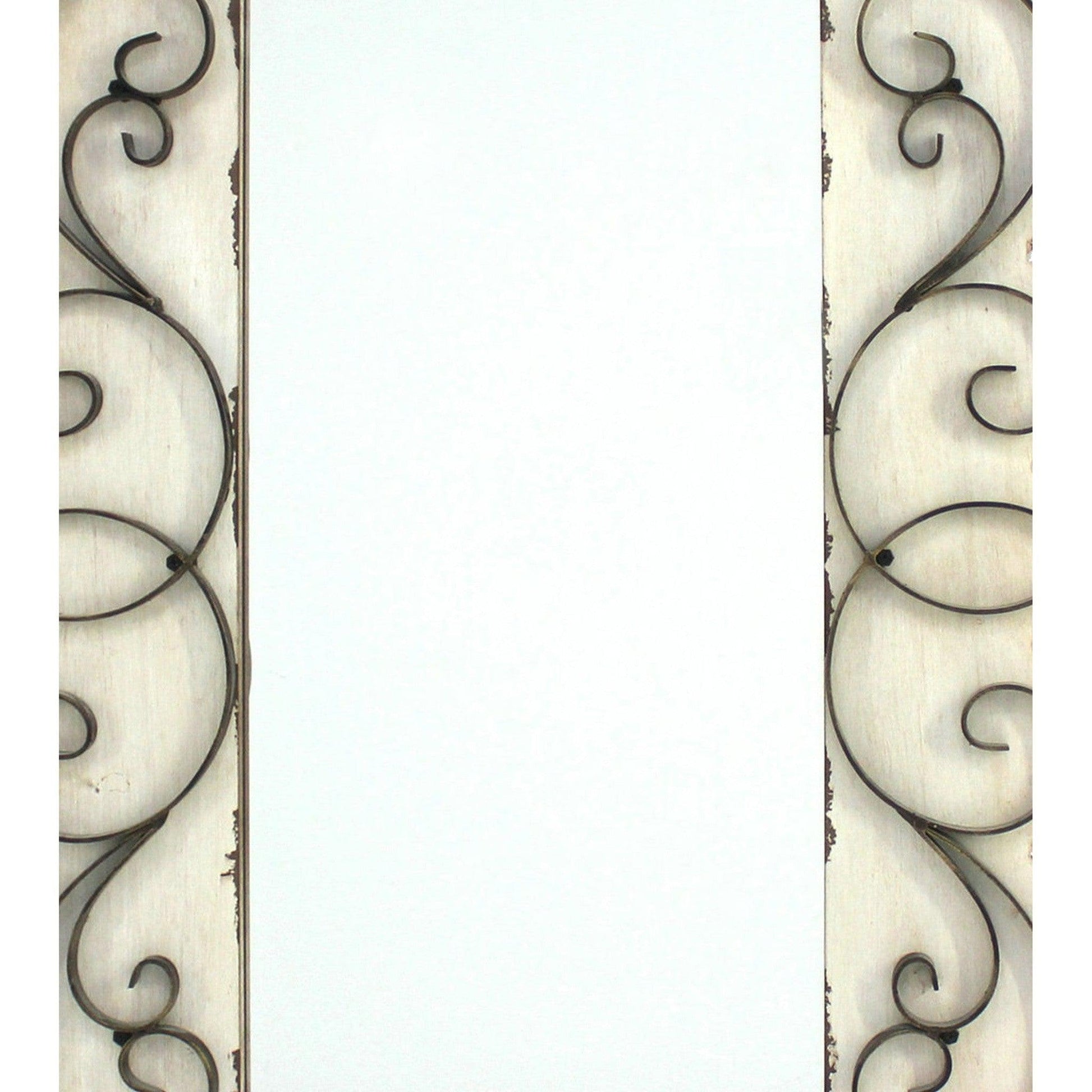 Benzara White Rectangular Wall Mirror With Wooden Frame and Metal Scrolled Edges