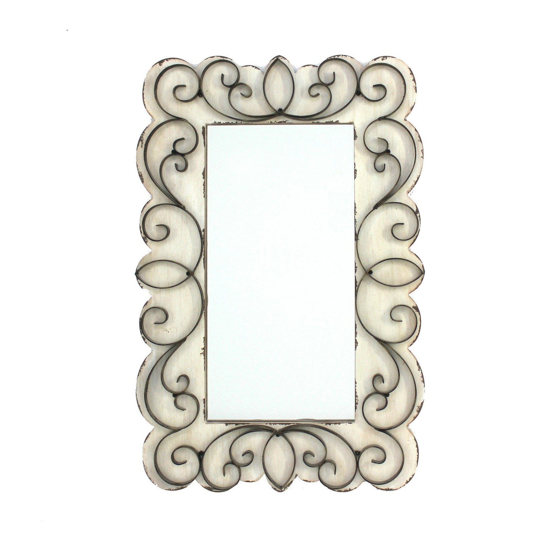 Benzara White Rectangular Wall Mirror With Wooden Frame and Metal Scrolled Edges